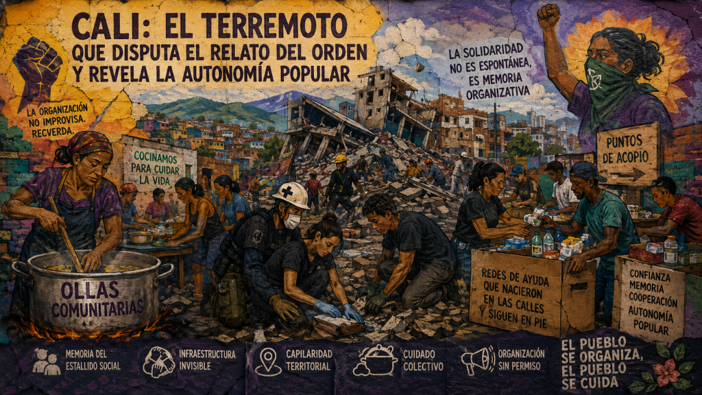 Ilustración panorámica en estilo de mural callejero. En el centro, grandes letras dicen “CALI 2026 AUTONOMIA POPULAR”. A la izquierda se alza un puño cerrado; alrededor aparecen siluetas de manifestantes, barrios populares y personas organizadas. A la derecha, una bandera roja lleva la frase “El pueblo se organiza, el pueblo se cuida”. En la franja inferior aparecen símbolos y palabras vinculados a la memoria del estallido social, la organización sin permiso, los territorios, el cuidado colectivo y la solidaridad activa.